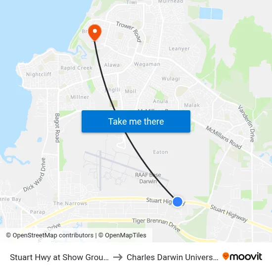 Stuart Hwy at Show Ground to Charles Darwin University map