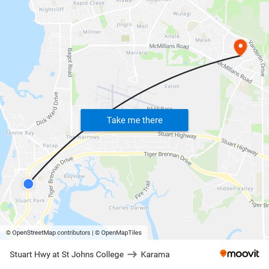 Stuart Hwy at St Johns College to Karama map