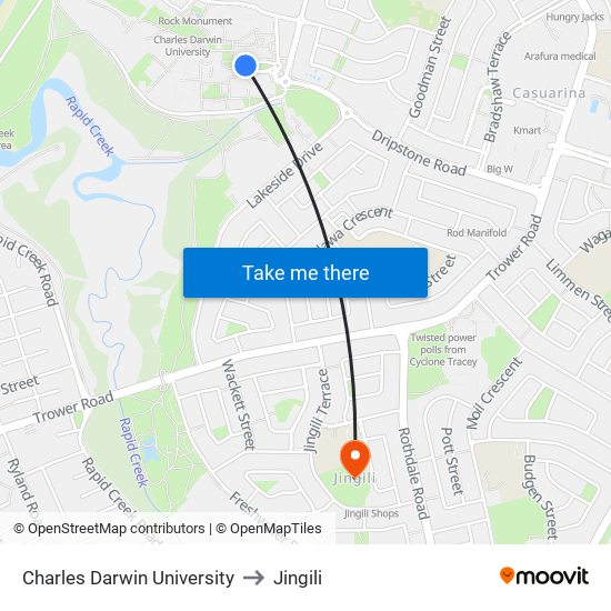 Charles Darwin University to Jingili map