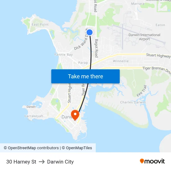 30 Harney St to Darwin City map