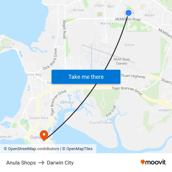 Anula Shops to Darwin City map