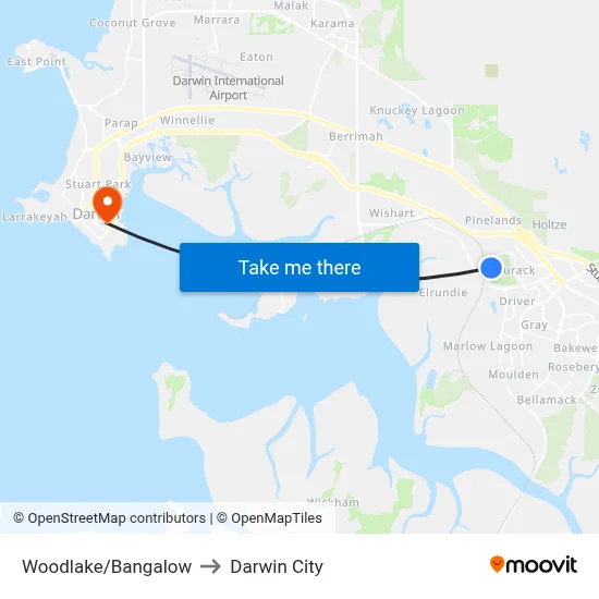 Woodlake/Bangalow to Darwin City map