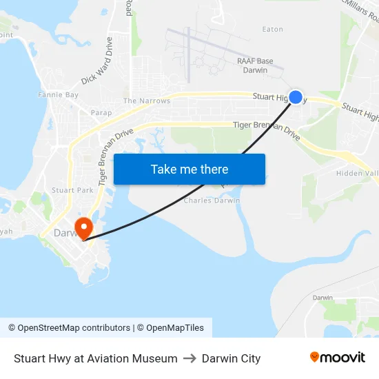 Stuart Hwy at Aviation Museum to Darwin City map