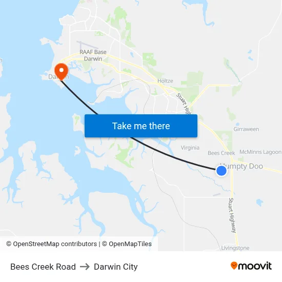 Bees Creek Road to Darwin City map