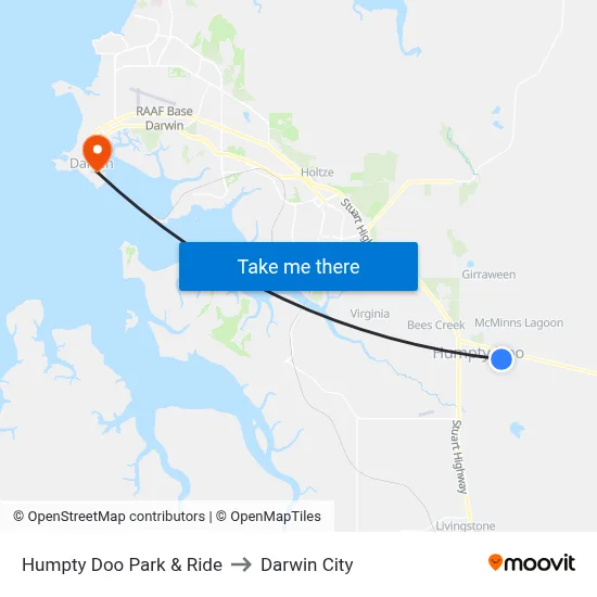 Humpty Doo Park & Ride to Darwin City map