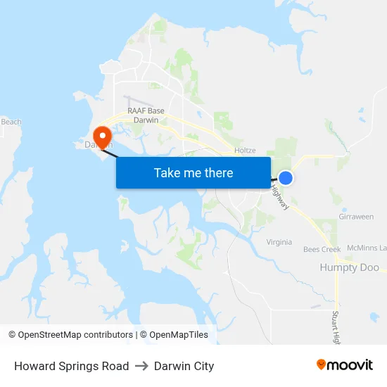 Howard Springs Road to Darwin City map