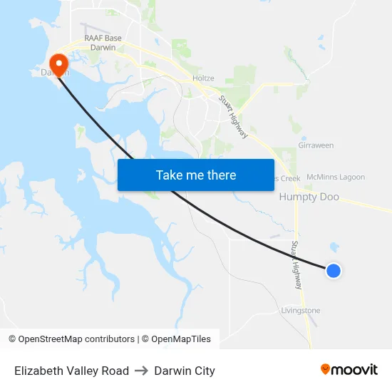 Elizabeth Valley Road to Darwin City map