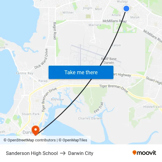 Sanderson High School to Darwin City map