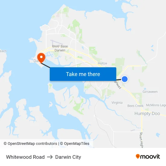 Whitewood Road to Darwin City map