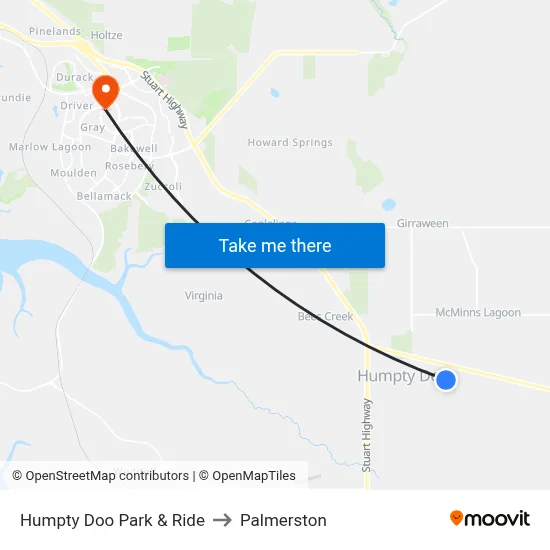 Humpty Doo Park & Ride to Palmerston map