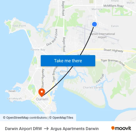 Darwin Airport DRW to Argus Apartments Darwin map