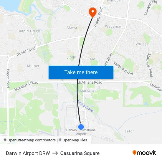 Darwin Airport DRW to Casuarina Square map