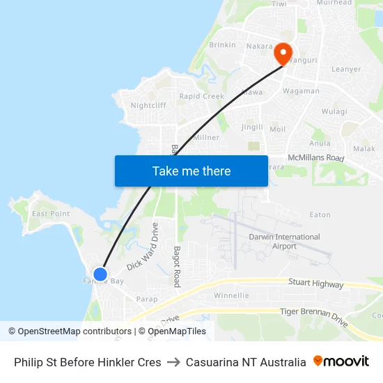 Philip St Before Hinkler Cres to Casuarina NT Australia map