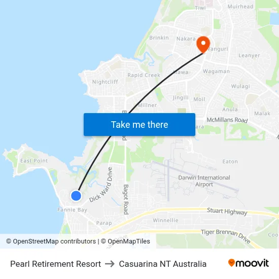 Pearl Retirement Resort to Casuarina NT Australia map