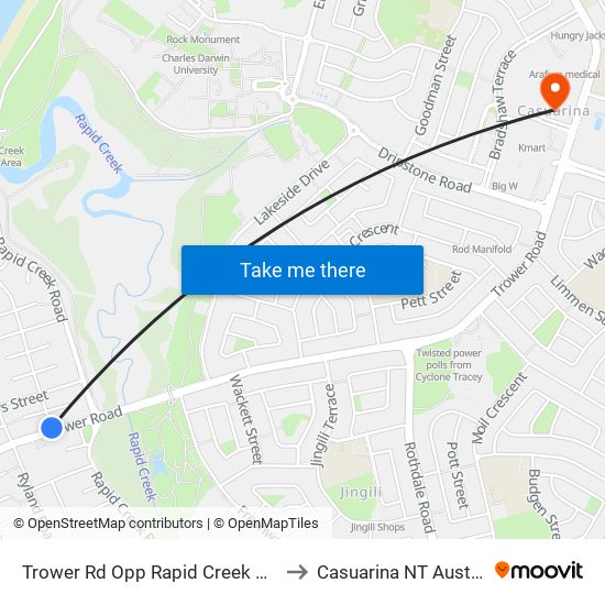 Trower Rd Opp Rapid Creek Shops to Casuarina NT Australia map