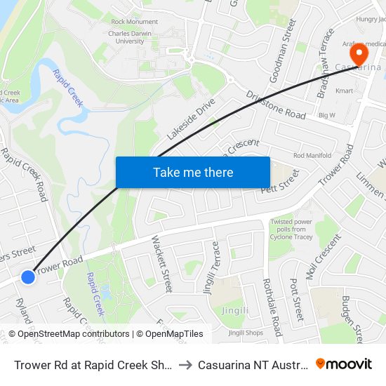 Trower Rd at Rapid Creek Shops to Casuarina NT Australia map