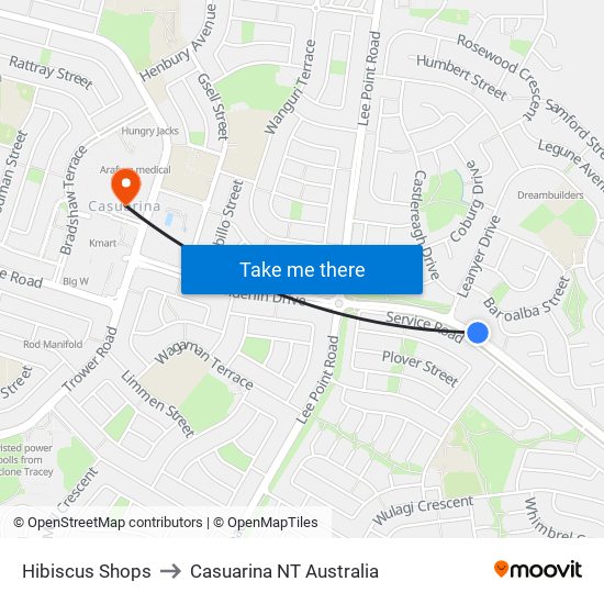 Hibiscus Shops to Casuarina NT Australia map