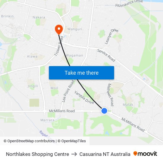 Northlakes Shopping Centre to Casuarina NT Australia map