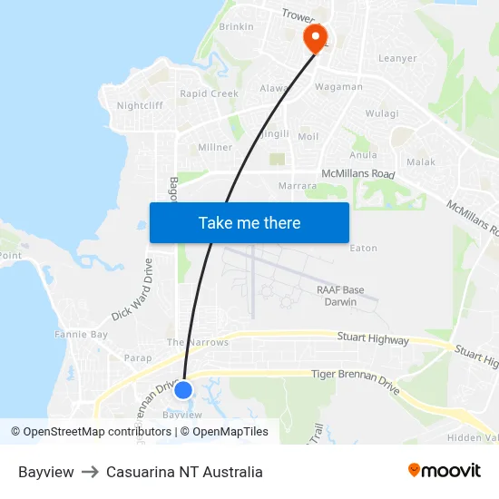 Bayview to Casuarina NT Australia map