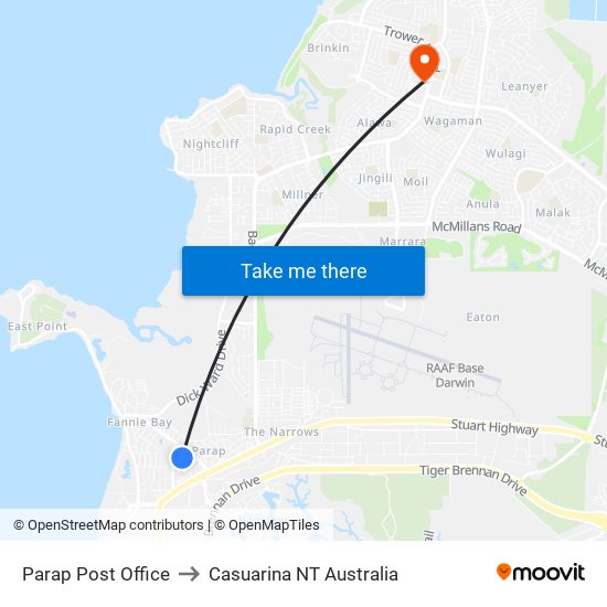 Parap Post Office to Casuarina NT Australia map