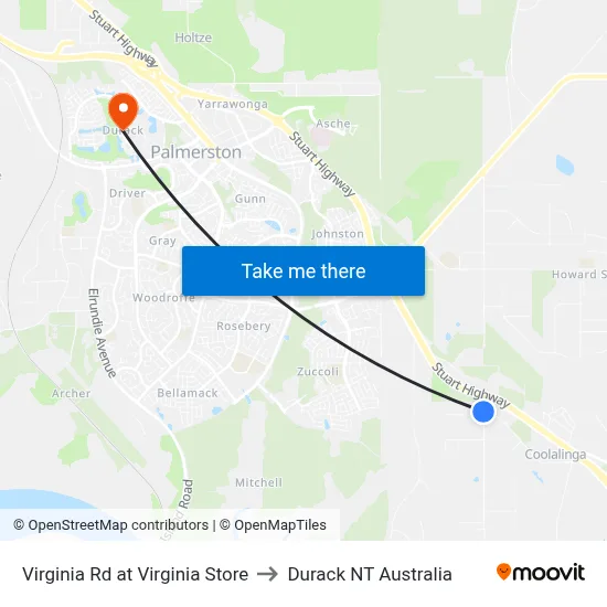 Virginia Rd at Virginia Store to Durack NT Australia map