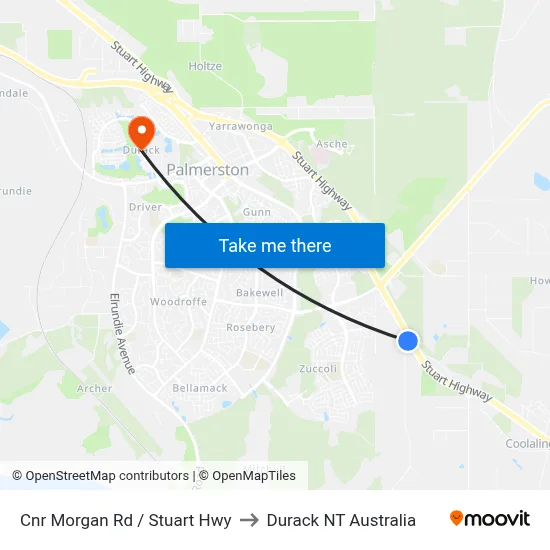 Cnr Morgan Rd / Stuart Hwy to Durack NT Australia map