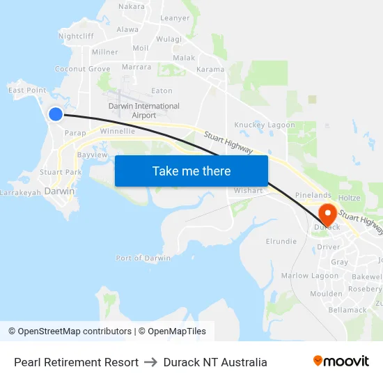 Pearl Retirement Resort to Durack NT Australia map
