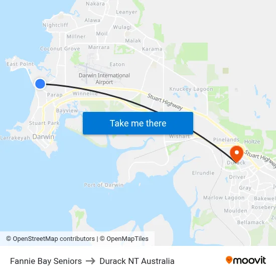 Fannie Bay Seniors to Durack NT Australia map