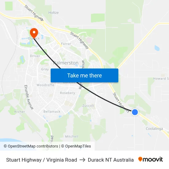 Stuart Highway / Virginia Road to Durack NT Australia map
