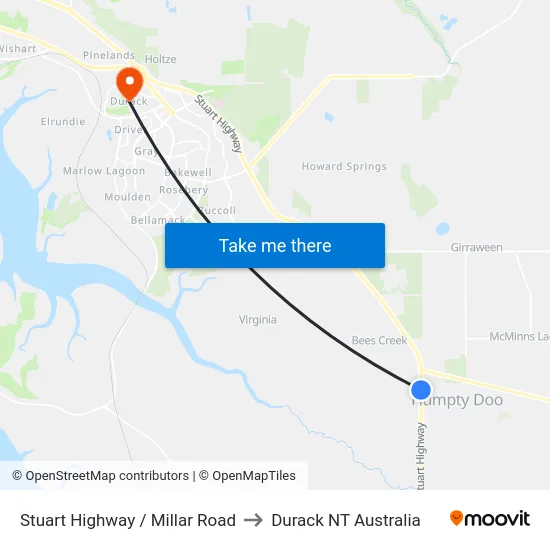 Stuart Highway / Millar Road to Durack NT Australia map