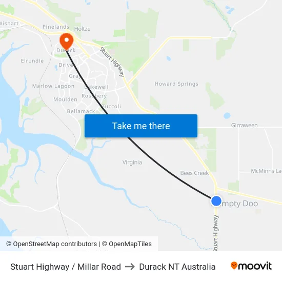 Stuart Highway / Millar Road to Durack NT Australia map