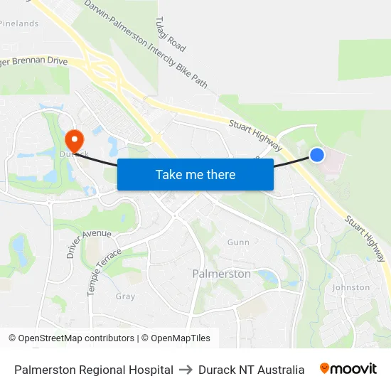 Palmerston Regional Hospital to Durack NT Australia map