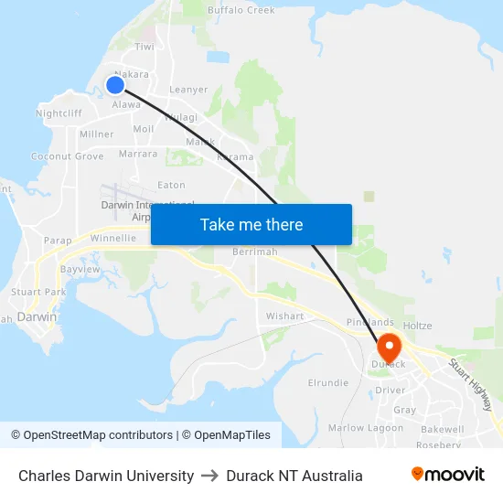 Charles Darwin University to Durack NT Australia map