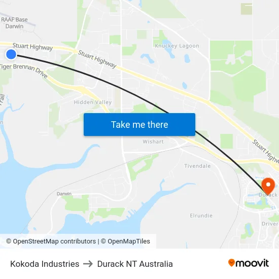Kokoda Industries to Durack NT Australia map