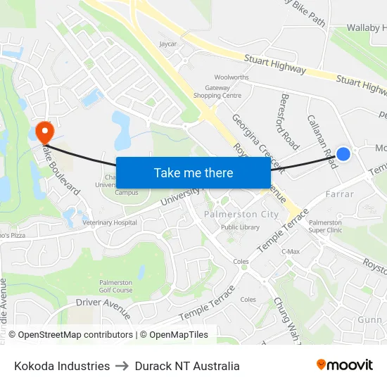 Kokoda Industries to Durack NT Australia map