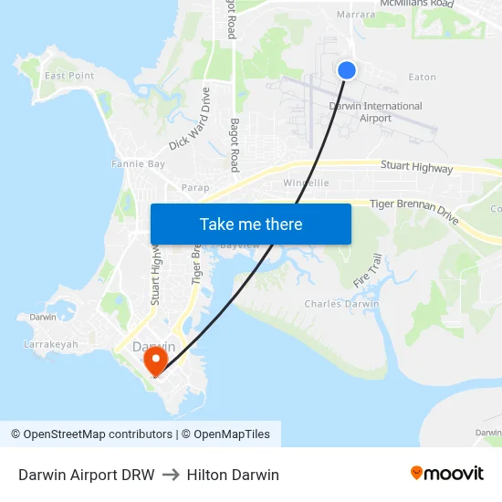 Darwin Airport DRW to Hilton Darwin map