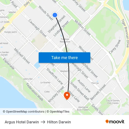 Argus Hotel Darwin to Hilton Darwin map