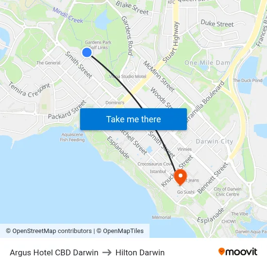 Argus Hotel CBD Darwin to Hilton Darwin map