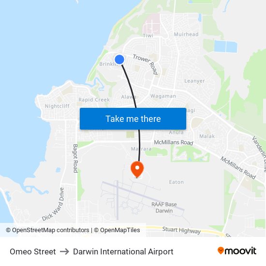 Omeo Street to Darwin International Airport map