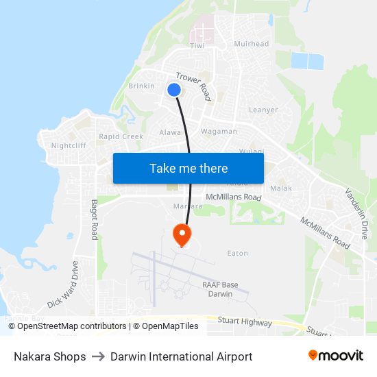 Nakara Shops to Darwin International Airport map