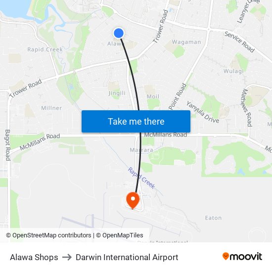 Alawa Shops to Darwin International Airport map