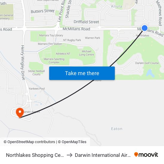 Northlakes Shopping Centre to Darwin International Airport map