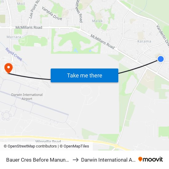 Bauer Cres Before Manunda Tce to Darwin International Airport map