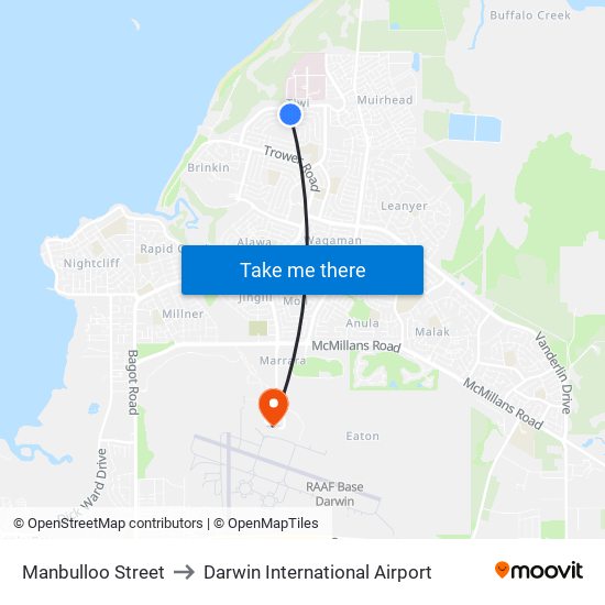 Manbulloo Street to Darwin International Airport map