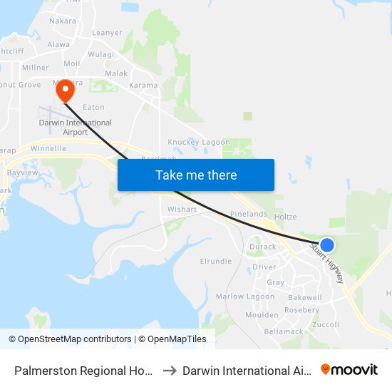 Palmerston Regional Hospital to Darwin International Airport map