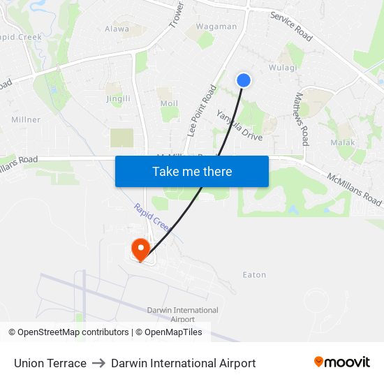 Union Terrace to Darwin International Airport map