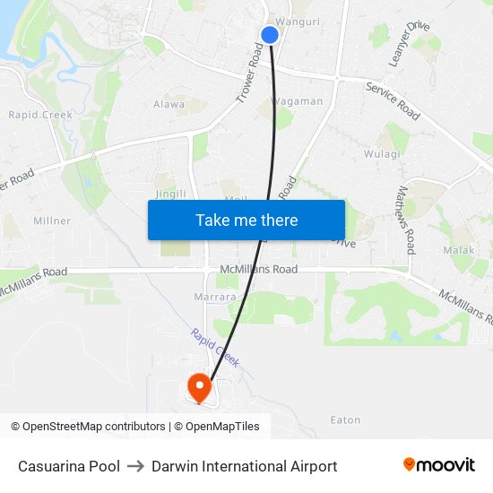 Casuarina Pool to Darwin International Airport map