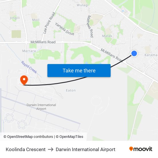 Koolinda Crescent to Darwin International Airport map