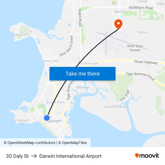 30 Daly St to Darwin International Airport map