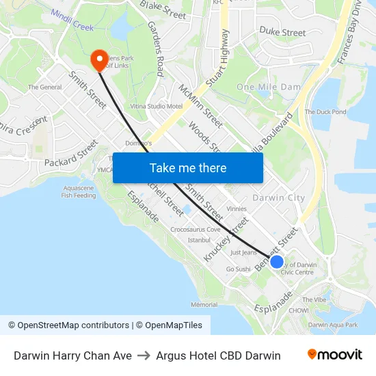 Darwin Harry Chan Ave to Argus Hotel CBD Darwin map
